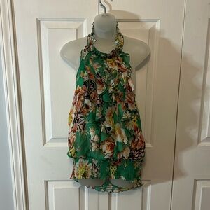 3 Sixteen sz Large Green Floral Ruffled Halter Top GUC W60